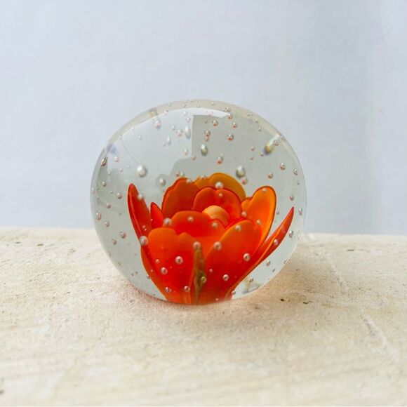 Vintage Orange Flower Bubble Clear Art Glass Round Paper Weight - Picture 3 of 16